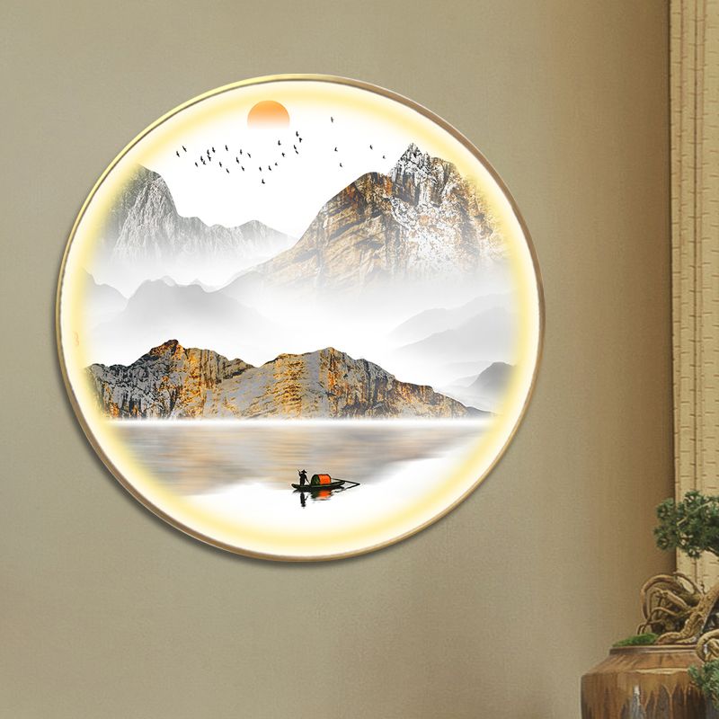 Gold Round Wall Mount Light Fixture Oriental LED Metallic Wall Mural Lamp with Mountain and Sun Pattern