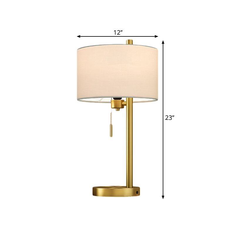 Lampada da lettura a forma di tamburo in tessuto Lampada da comodino rustica per camera da letto a lampadina singola con catenella in oro