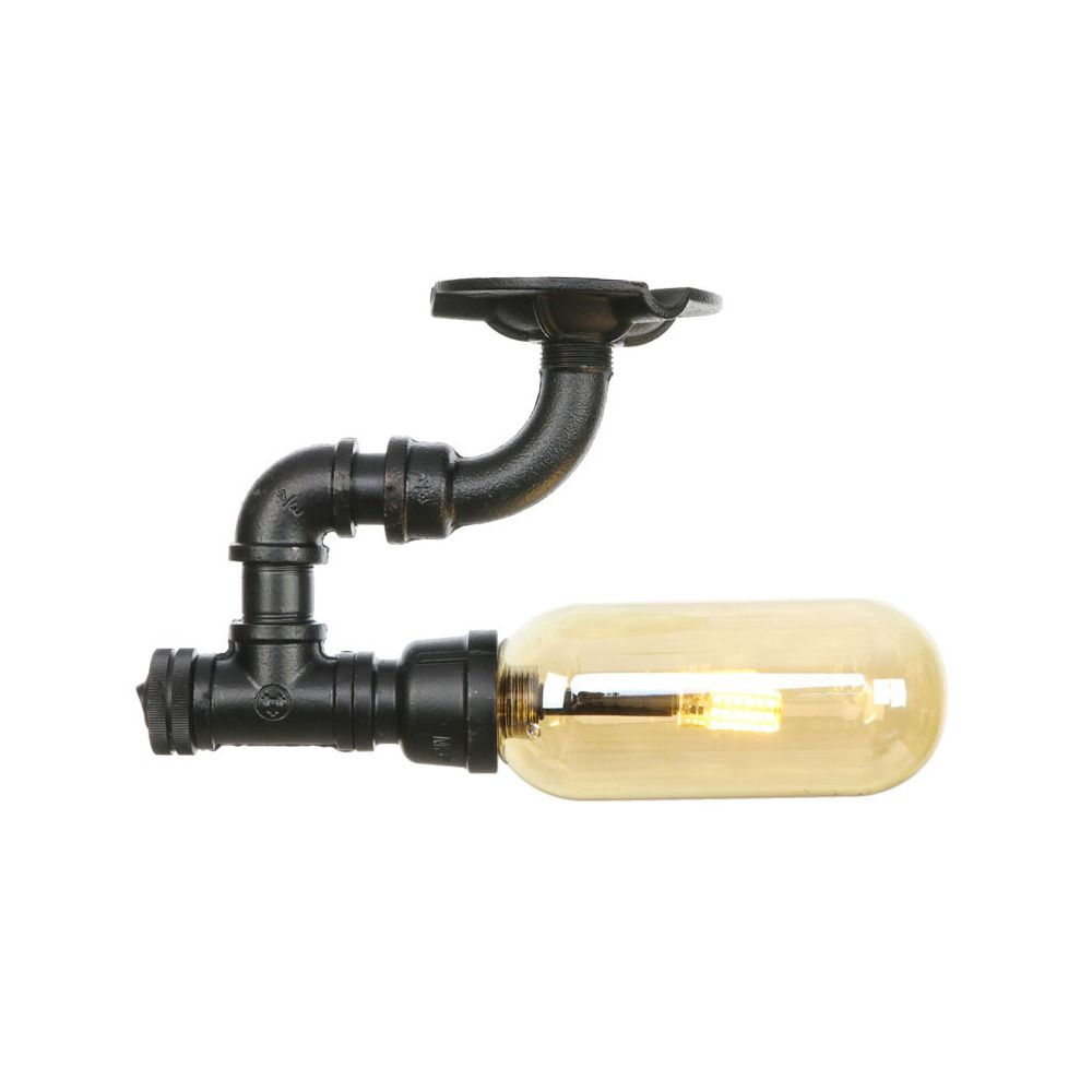 1 Light Capsuled Shade Semi Flush Light Industrial Black Amber Glass Ceiling Mount with Pipe Design