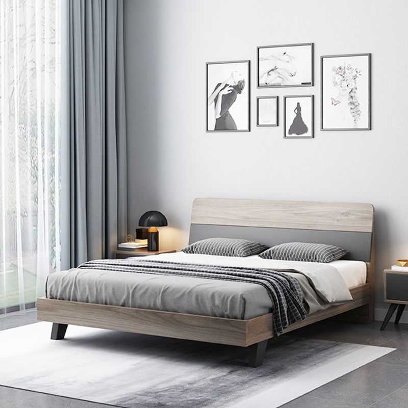 Mid-Century Modern Wood Bed with Headboard and 4 Legs in Grey