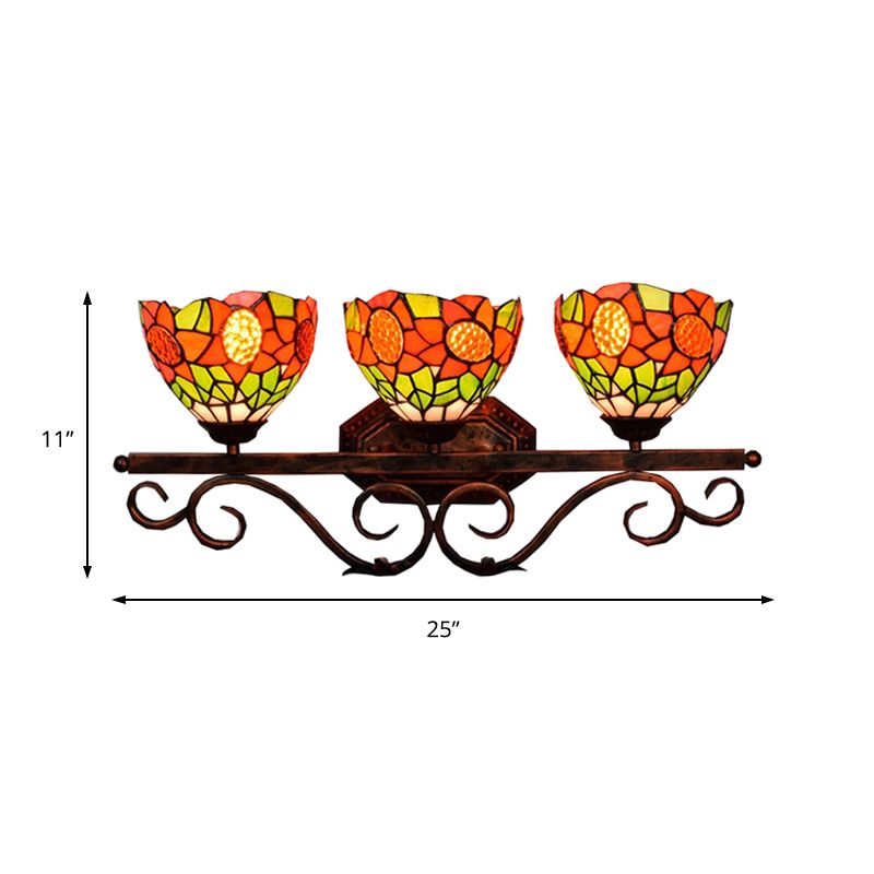 3 Heads Bowl Wall Light Fixture Baroque Orange Stained Glass Sconce Light with Sunflower Pattern