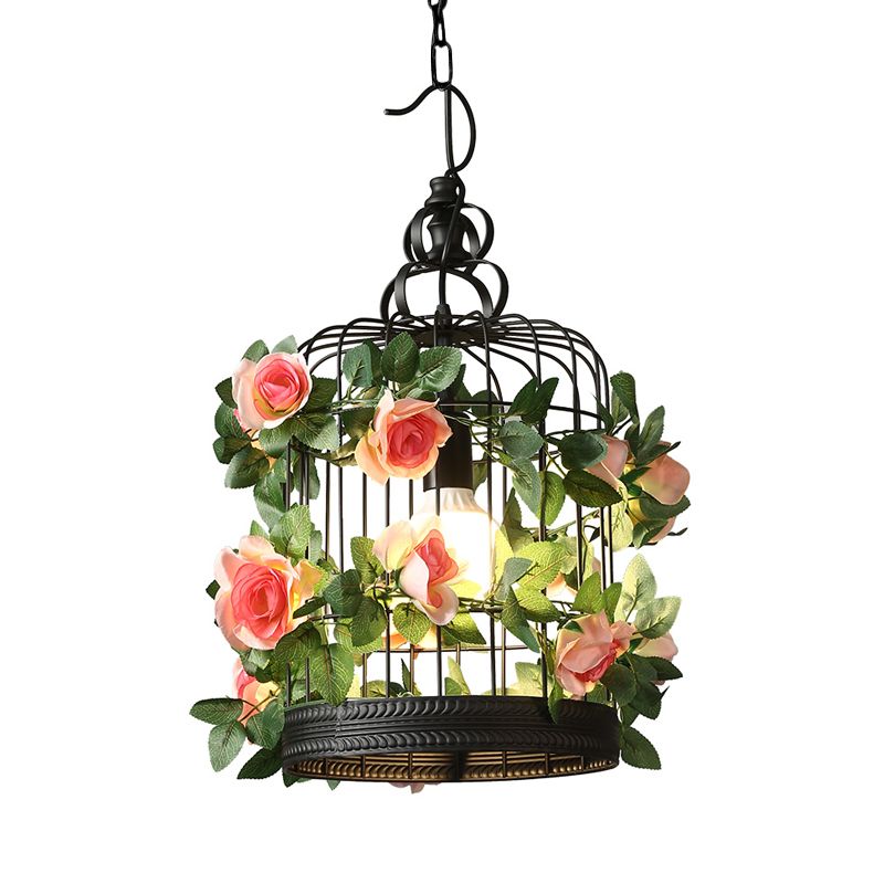 Black 1 Bulb Sofiling Light Industrial Metal Birdcage LED LAMPAGGIO con decorazione floreale