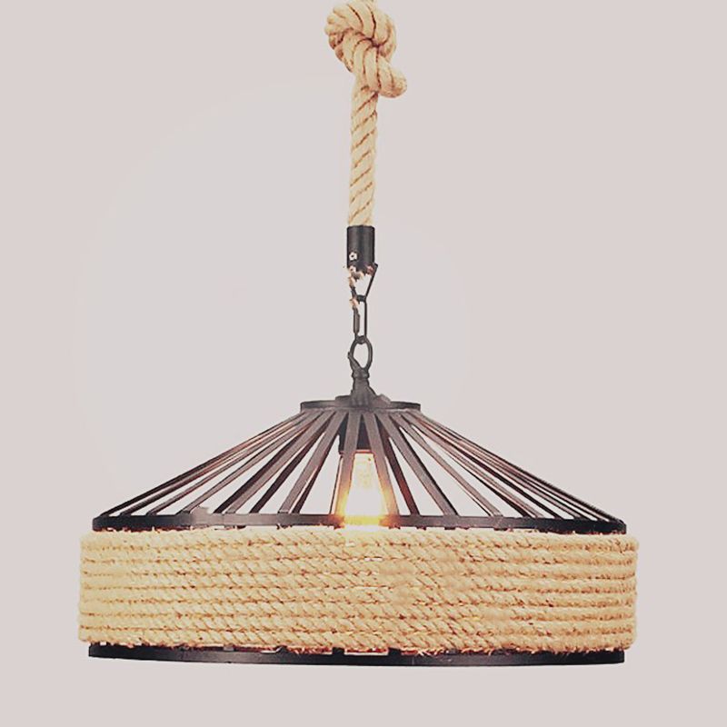 Industrial-Style Drum Pendant Lighting Fixture Rope Hanging Pendant Light in Beige