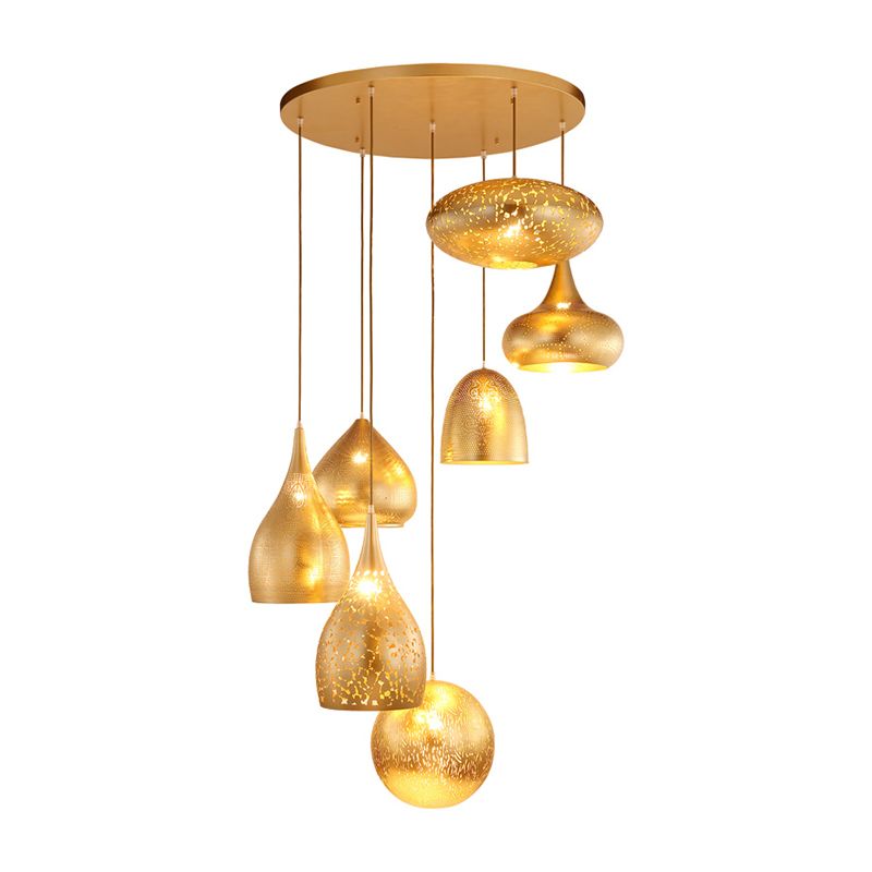 7 Lights Hollow-Out Cluster Pendant Art Deco Black/Silver/Brass Finish Iron Arab Hanging Ceiling Lamp