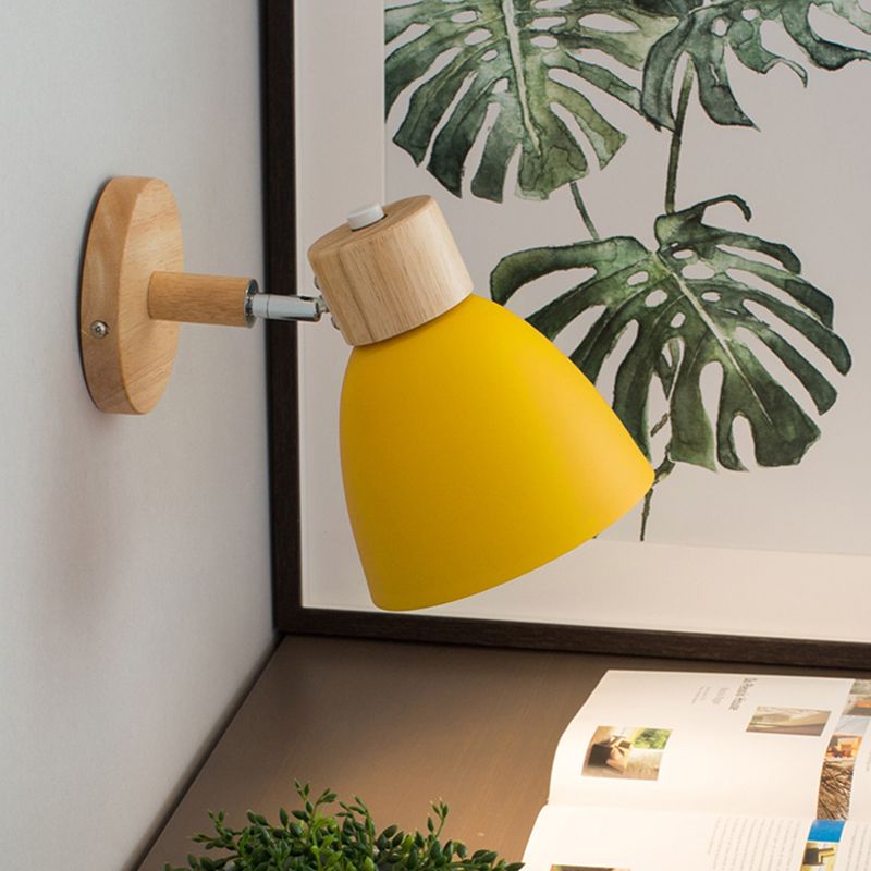 Metal Flare Wall Lighting Modern 1 Head Sconce Light Fixture in Yellow with Circle Wood Backplate