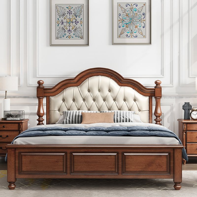 Mid-Century Modern Standard Bed Solid Wood Panel Bed with Upholstered Headboard