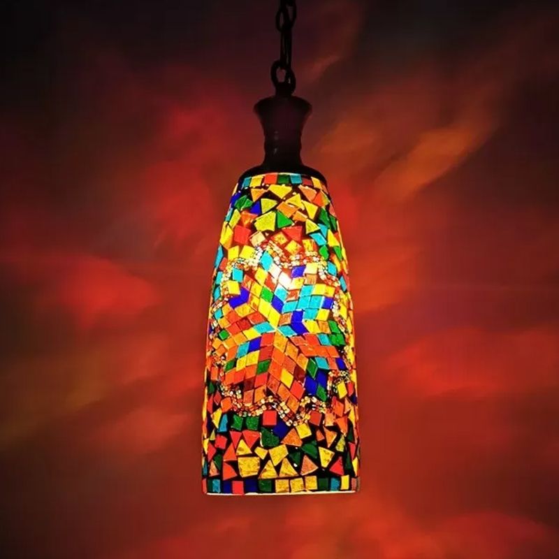 Handcrafted Art Glass Red/Yellow/Blue Ceiling Light Elongated 1 Head Traditional Pendant Light Fixture