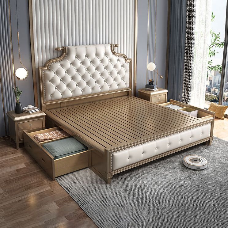 Contemporary Standard Bed Solid Wood Bed Frame with Upholstered Headboard