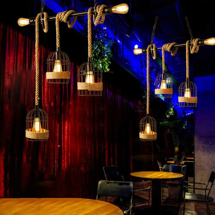Birdcage Island Chandelier Lights Industrial Rope Chandelier Lighting Fixtures for Dining Table