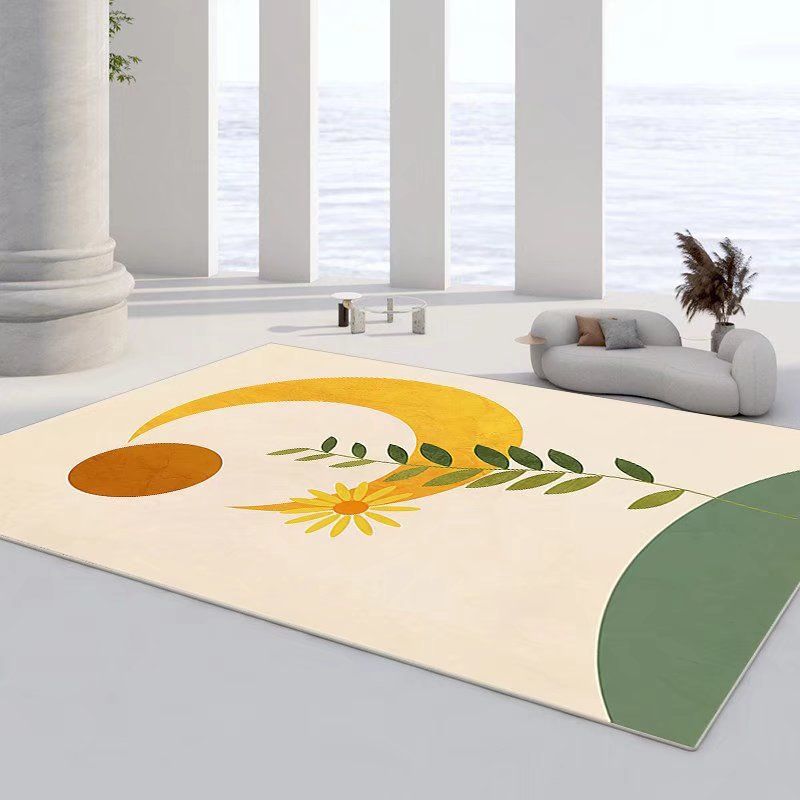 Magnificent Flowers Rug Polyester Yellow Rug Washable Indoor Rug for Drawing Room