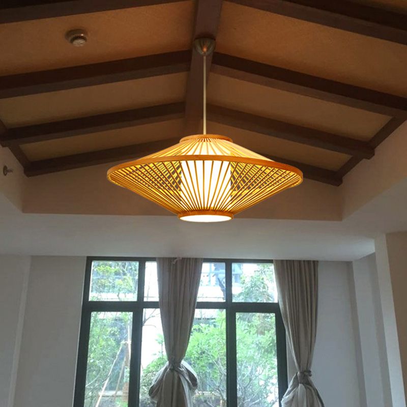 19,5 "/23,5" Dia-Saucer Suspended Lampe Moderne Stil Bambus 1-Bulb Schwarz/Beige Hängende Leuchte für Wohnzimmer