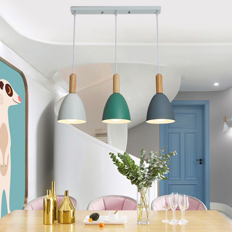 Metal Dome Shade Hanging Light Living Room 3 Light Macaroon Solid Wood Lighting Fixture Pendant
