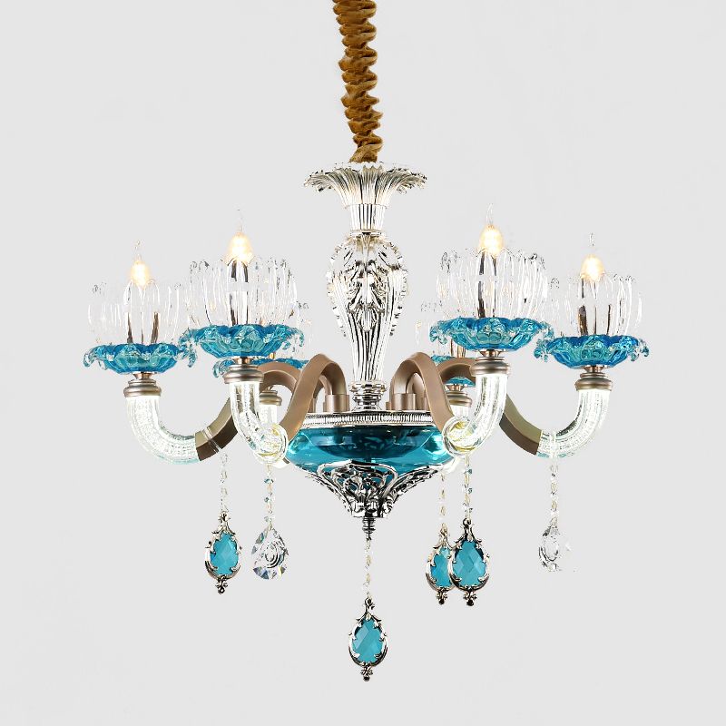 Mid-Century Lotus Buds Chandelier 6 Bulbs Clear and Blue Crystal Suspension Light for Restaurant