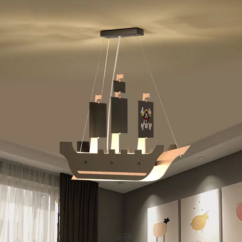 Metallic Pirate Ship Chandelier Light Cartoon LED Grey Hanging Pendant Lamp in Warm/White Light