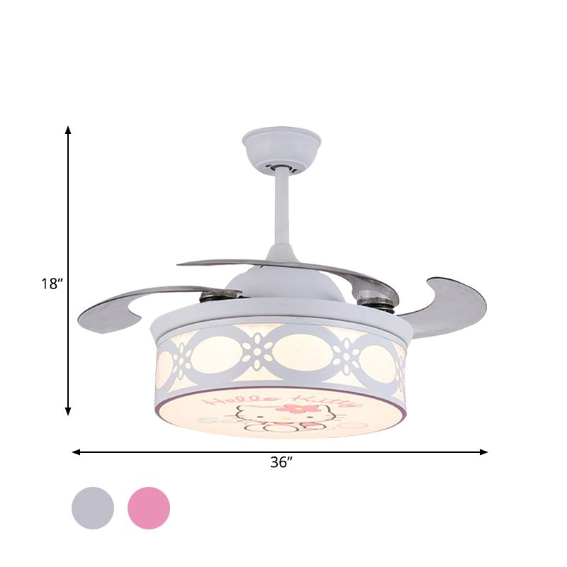 4 Blades Drum Semi Flush Mount Lamp Kids Metal Bedroom 36" W LED Hanging Pendant Fan Light in White/Pink with Cartoon Cat Pattern, Remote/Wall and Remote Control