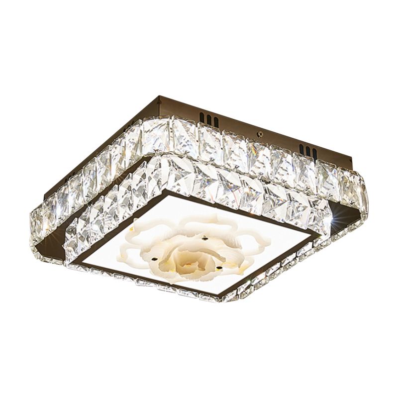 Modern Round/Square Flush Mount Light Faceted Crystal LED Nickel Ceiling Lighting with Floral Design
