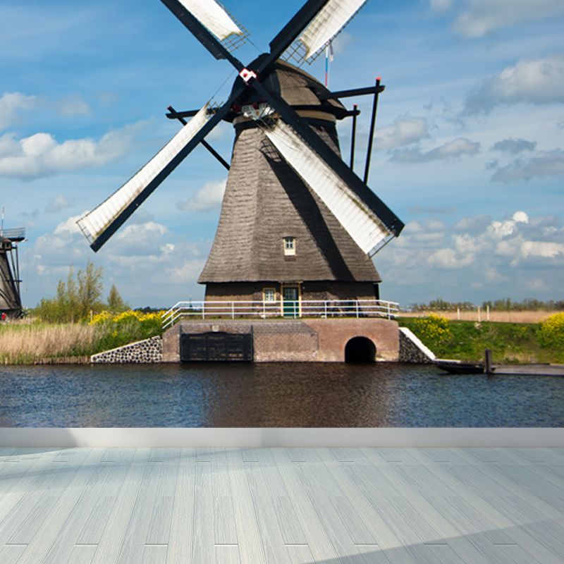 Full Size Photography Modern Mural Wallpaper with Windmill Landscape in Soft Color