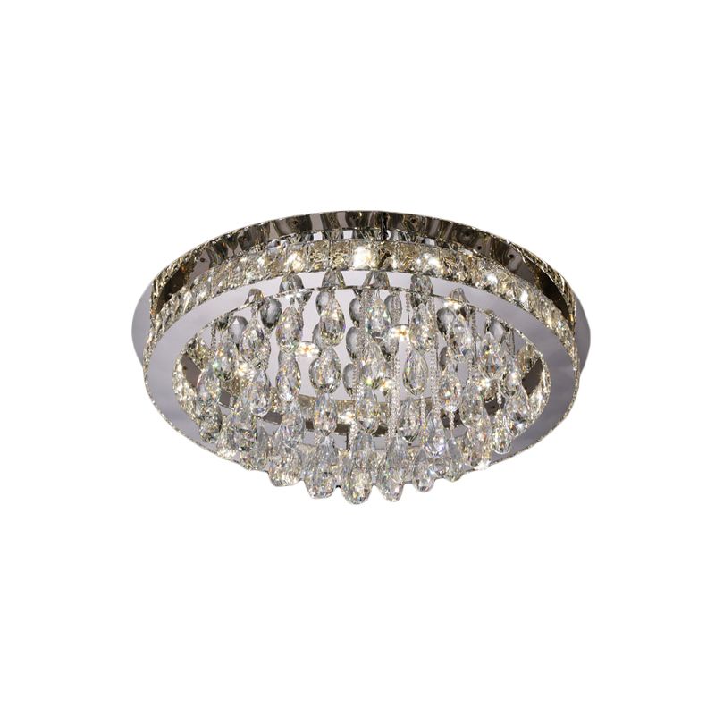 Nickel LED Ceiling Flush Light Modernist Beveled Cut Crystal-Encrusted Circular Flushmount with Crystal Drops