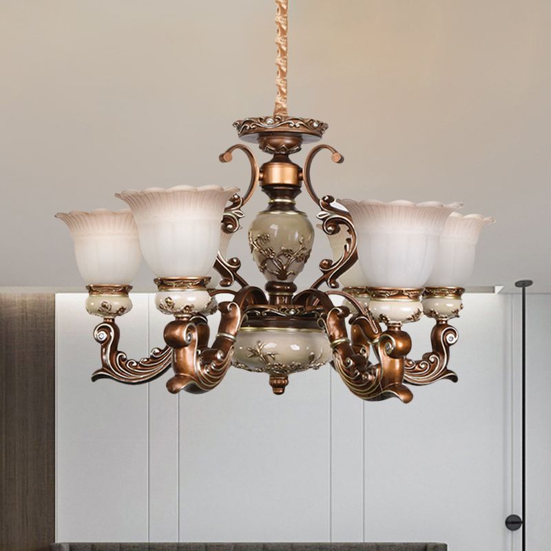 Brown 6/8 Heads Ceiling Chandelier Traditional Style Milky Glass Flower Shaped Hanging Pendant