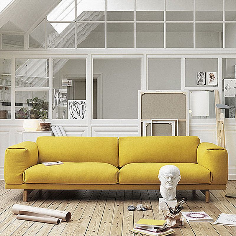 35.43 inch Wide Linen Sofa Square Arm Cushions Sofa in Yellow