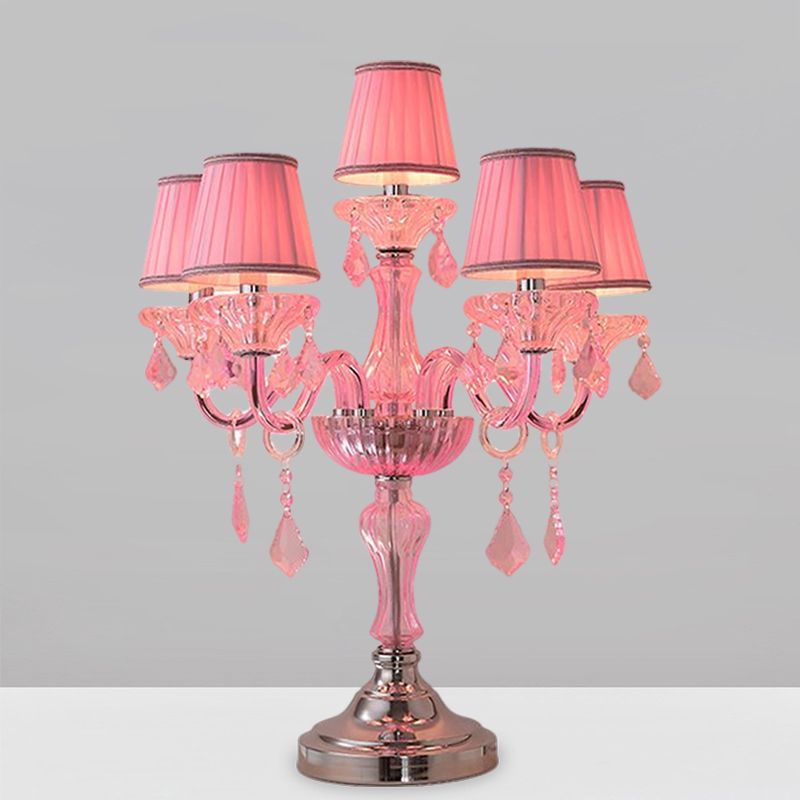 Luz de mesa de dormitorio de velas Luz de cristal tradicional 5/6/7 Bulbos lámpara de mesita de noche rosa con sombra de tela plisada