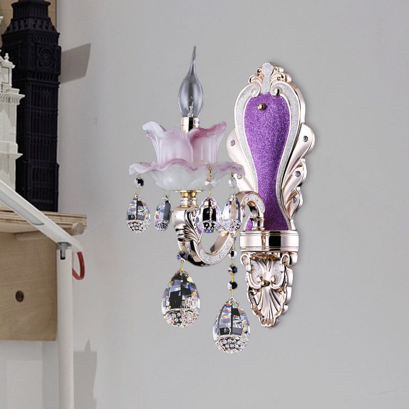 Frosted Glass Purple Wall Lighting Ruffle 1/2-Bulb Modern Style Wall Sconce Light with Teardrop Crystal Drops