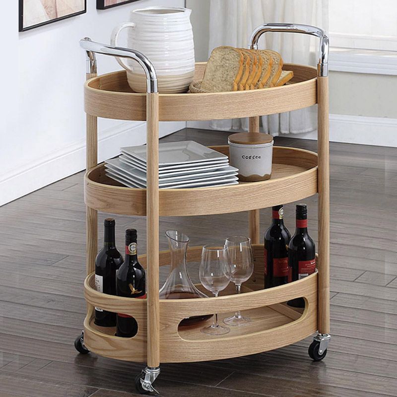 Modern Solid Wood Prep Table Rolling Kitchen Trolley with Wine Storage