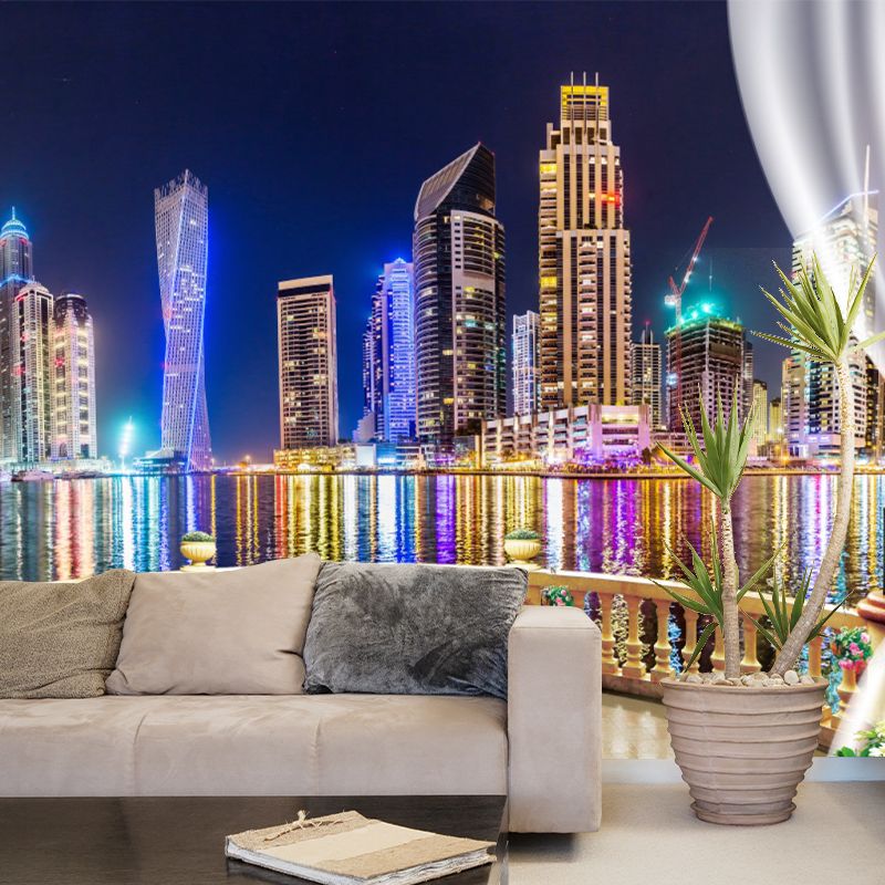 Big Photo Simple Wall Mural Decal for Meeting Room Decor with Over Balcony Scene Design in Yellow and Blue