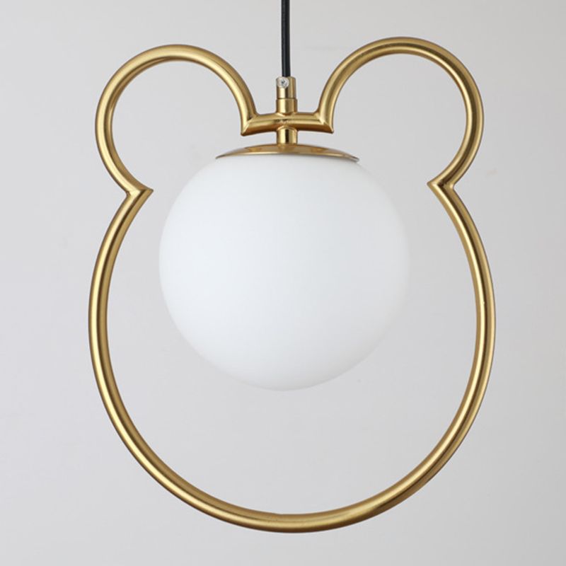 Nordic Minimalism Little Bear Lines Frame Hanging Light with White Glass Ball Shade Mini Pendant Fixtures for Bedside