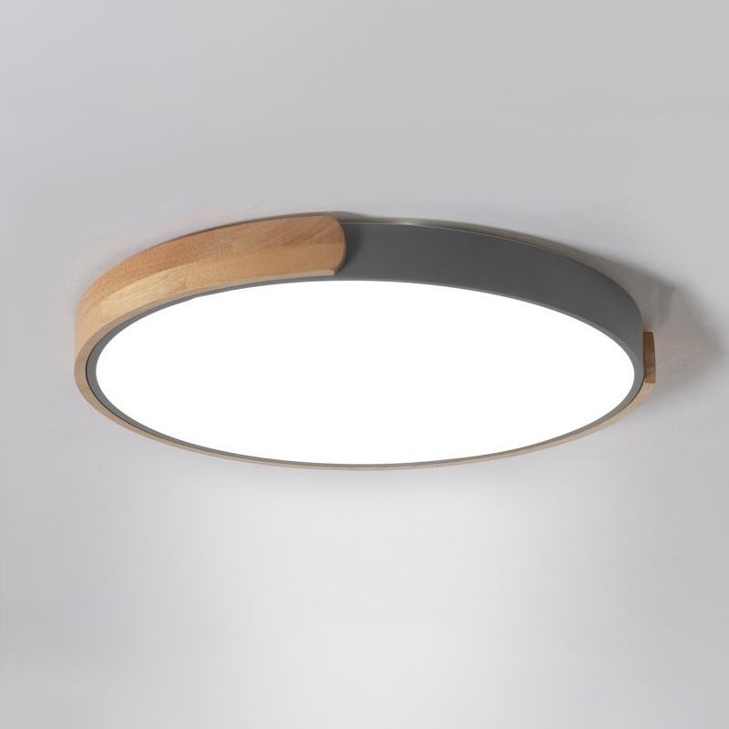 Plafonnier LED à disque gris, luminaire simple en acrylique avec décoration en bois
