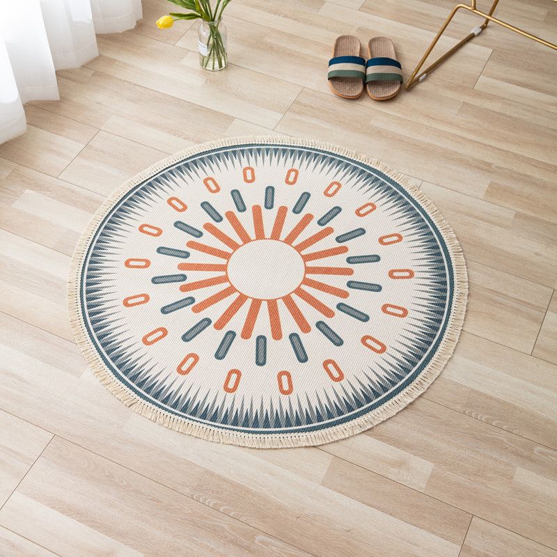 Orange Tone Bohemian Rug Americana Print Fringe Design Area Carpet Cotton Blend Rug for Home Decor