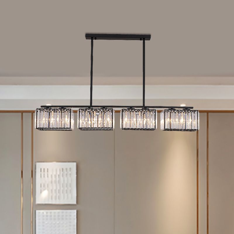 4/6/8 Heads Island Chandelier Contemporary Cuboid Shade Clear Crystal Hanging Light Fixture in Black
