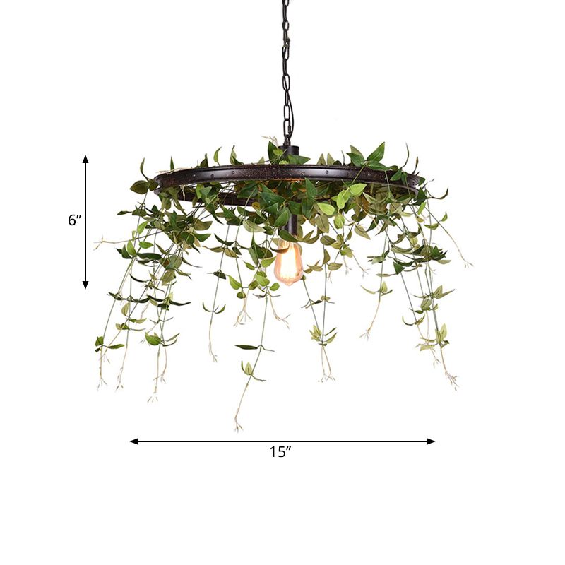 Black Wheel Hanging Lamp Kit Farmhouse Metal 12.5"/15" W 1-Head Restaurant Suspension Pendant Light with Plant Deco