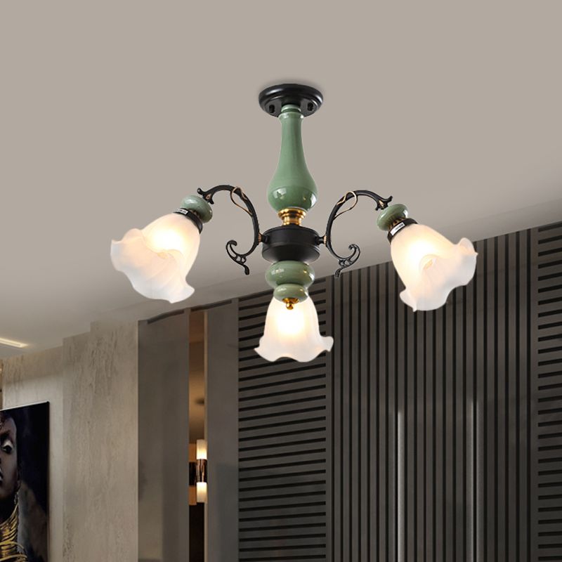 Gold/Black Floral Semi Mount Lighting Traditional Opal Glass 3/5 Heads Bedroom Close to Ceiling Lamp