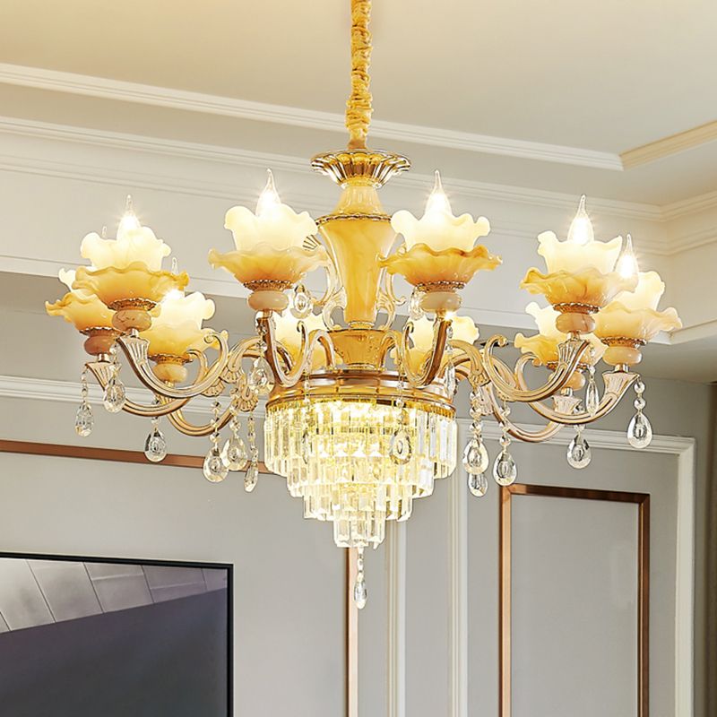 Gold Floral Ruffle Ceiling Lighting Traditional Jade Living Room Chandelier Light with Crystal Draping
