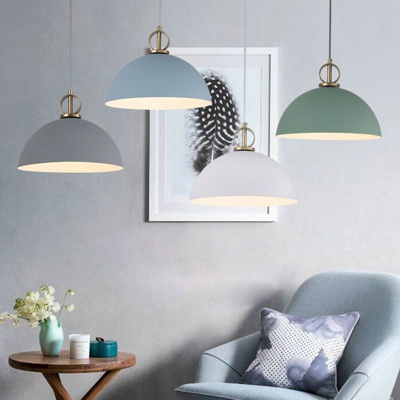 Macaron Dome Hanging Pendant Light Metal 1-Bulb Restaurant Pendulum Light with Brass Ring Deco