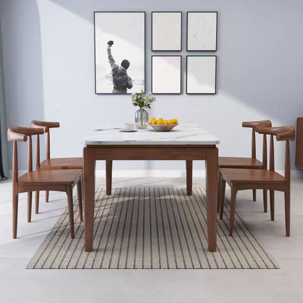 Solid Wood Mid-Century Modern Table Rectangle Marble Top Table for Kitchen
