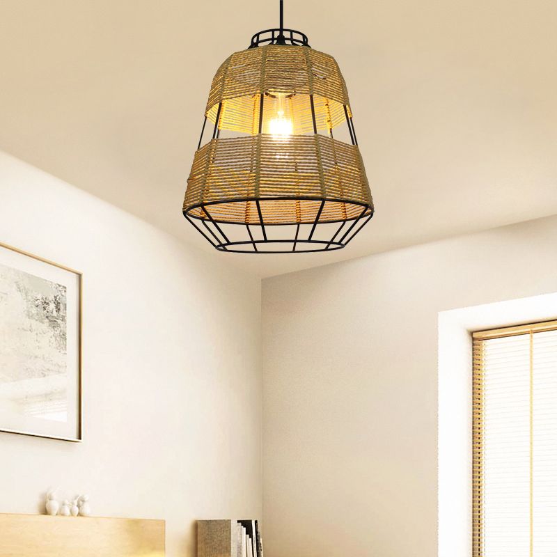 Barrel Metal Cage suspendu lampe de paille chinoise Corche de plafond beige drop beige pour restaurant du salon