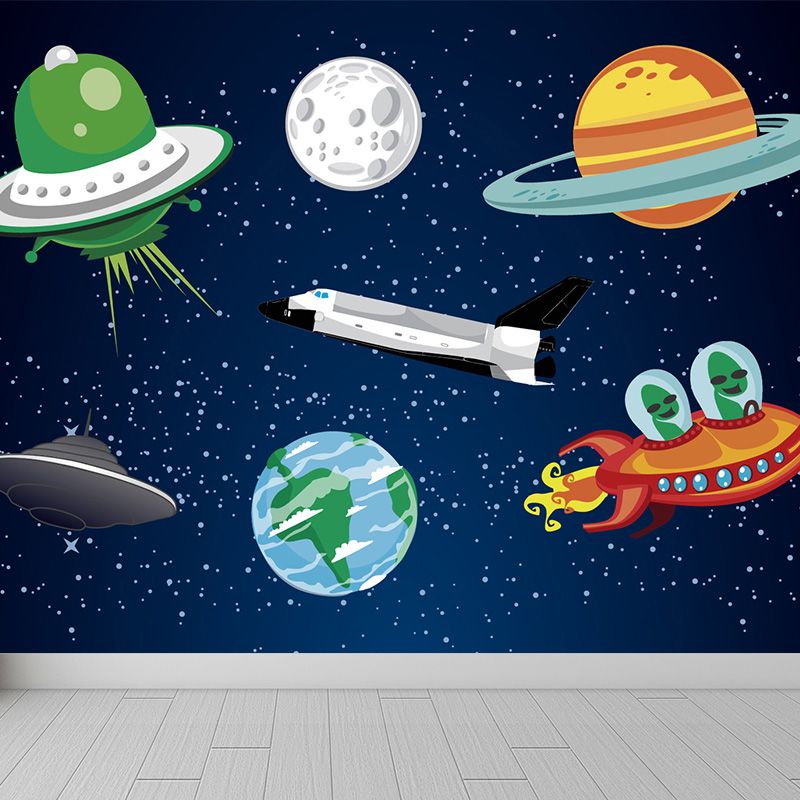 Dark Color Spacecraft Mural Wallpaper Universe Kids Moisture Resistant Wall Covering
