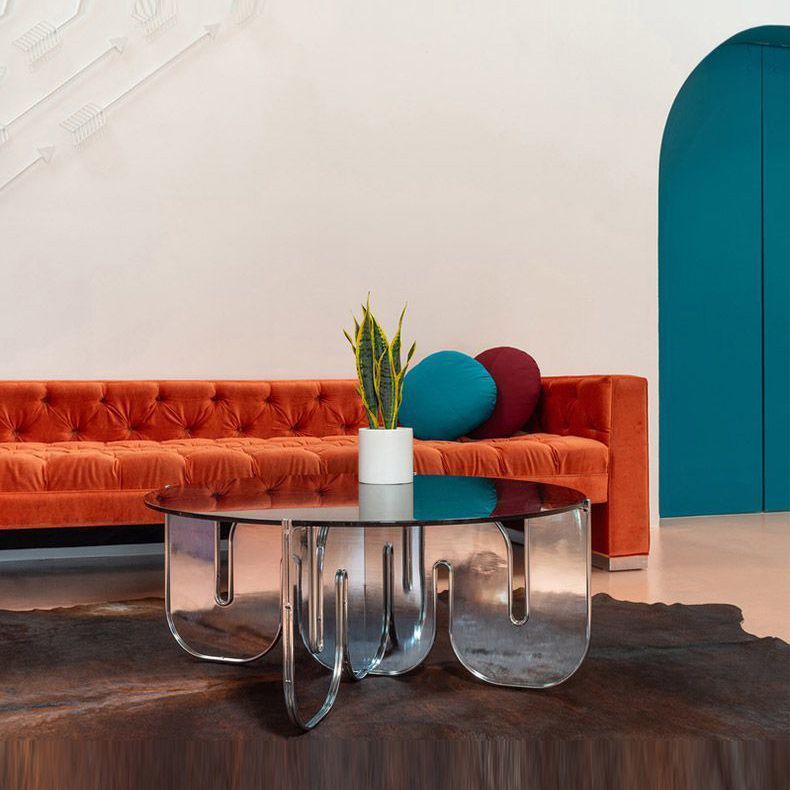 Round Glass Top Coffee Table with Cross Acrylic Base Cocktail Table