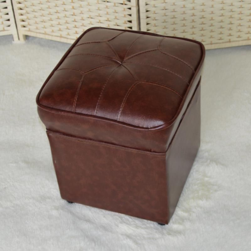 Mid-Century Modern Pouf Ottoman Faux Leather Upholstered Solid Color Square Ottoman