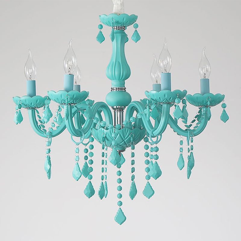 Multi Light Candle Branch Hanging Pendant Modern Style Crystal Hanging Lighting in Green