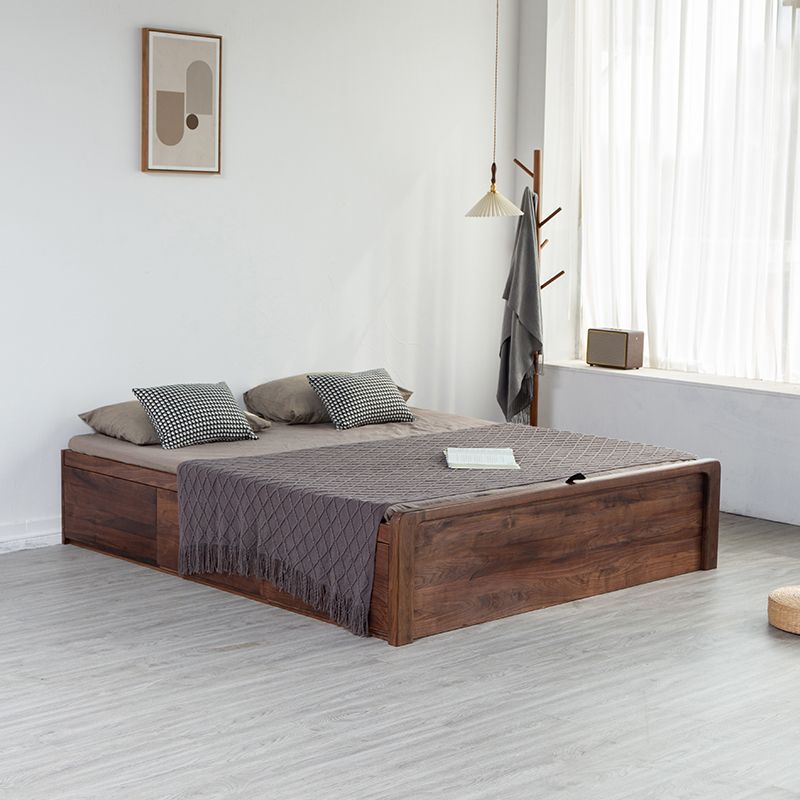 Modern Platform Bed Walnut Solid Wood Standard Bed with Storage