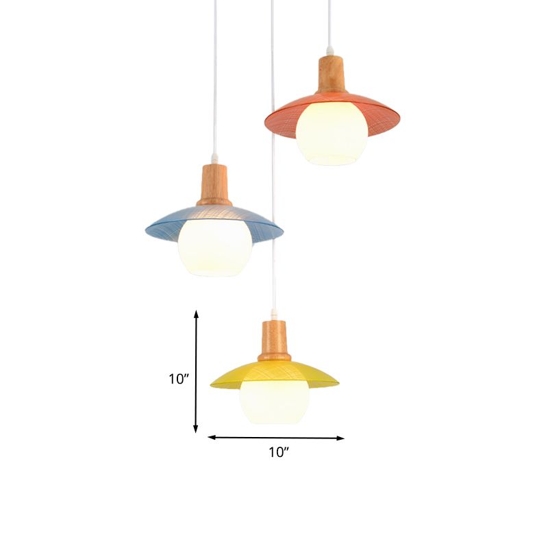 Macaron Disk Multi Pendant Light Blue-Pink-Yellow Glass 3 Bulbs Dining Room Drop Lamp with Wood Top