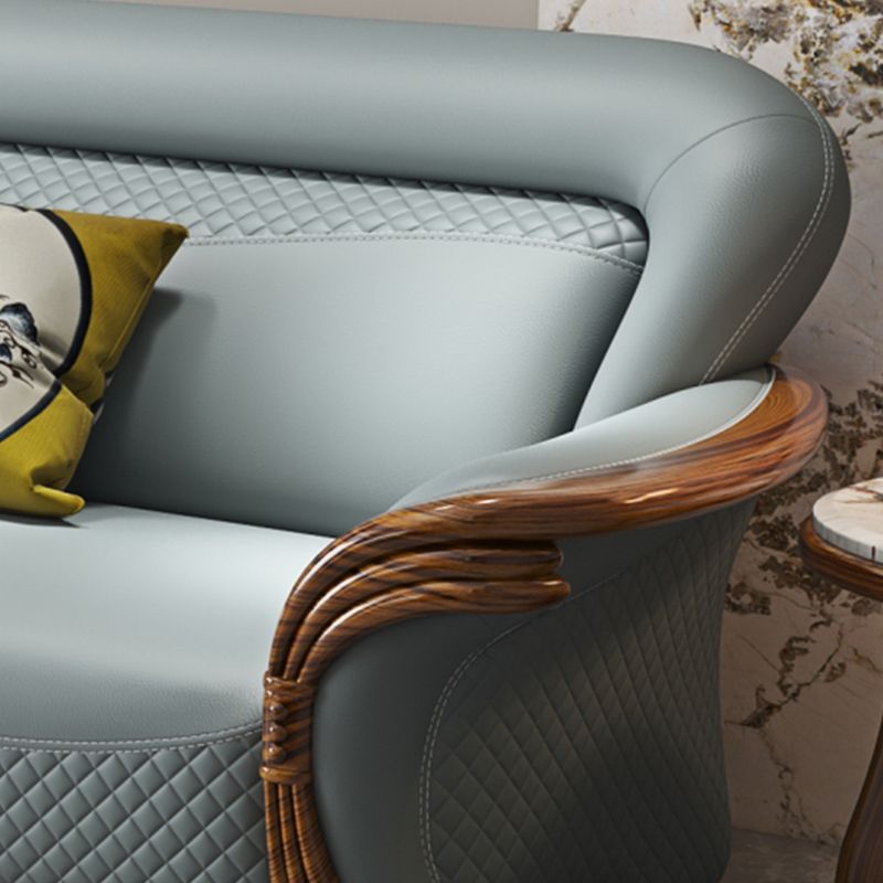 Solid Wood Contemporary Genuine Leather Flared Arm Sofa with Pillows