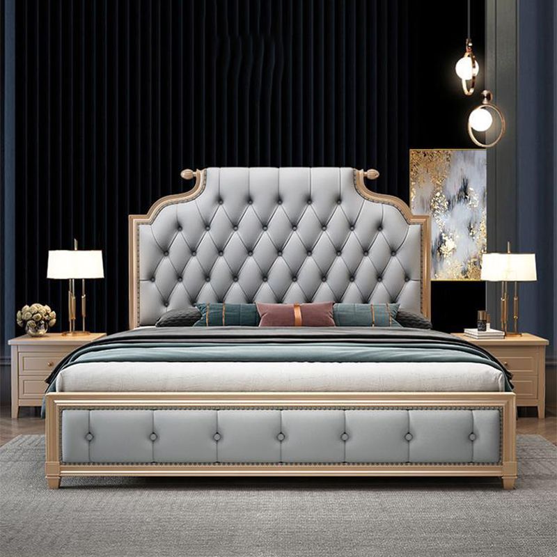 Victorian Style Bed Frame Rubberwood Bed with Upholstered Headboard