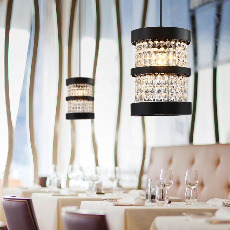 Black/Gold Cylinder Pendant Light Fixture Modernism Stylish Metal 1 Bulb Ceiling Light with Clear Crystal Beaded Strand