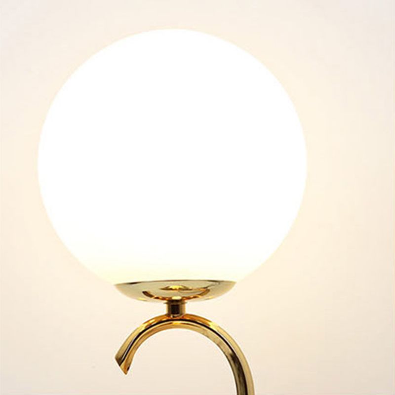 White Glass Ball Nightstand Lamp Modern 1-Light Table Light with S-shaped Base and Clock