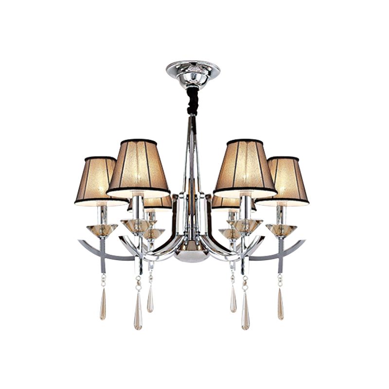 Chrome Tapered Pendant Chandelier Modern Fabric 6 Lights Bedroom Ceiling Lamp with Crystal Drop