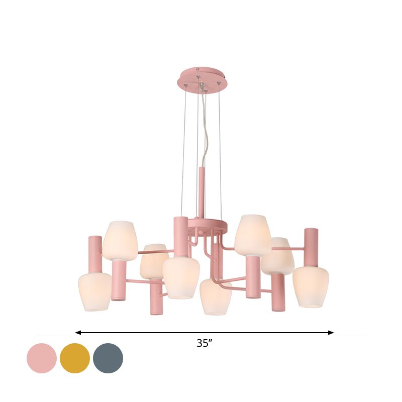 Grey/Pink/Yellow Conical Chandelier Lamp Modernist 8 Heads Frosted Glass Hanging Light for Living Room